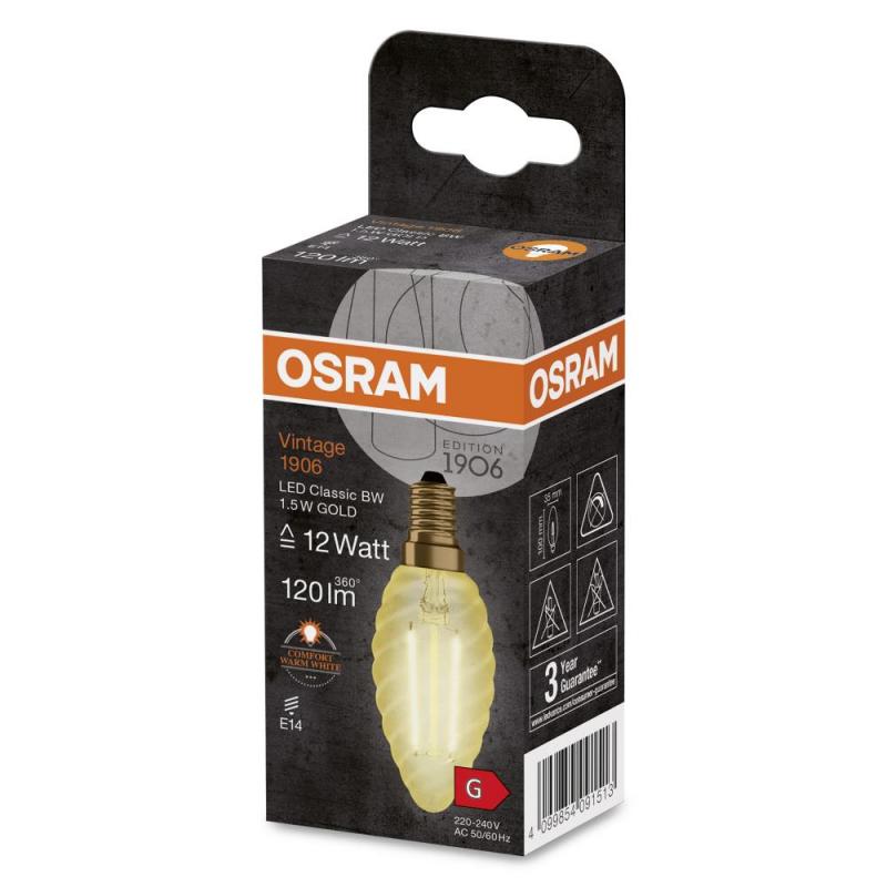 Osram E14 LED Kerzenlampe Classic VINTAGE 1906 gedrehte Form 1,5W wie 12W 2400K extra warmweißes Licht